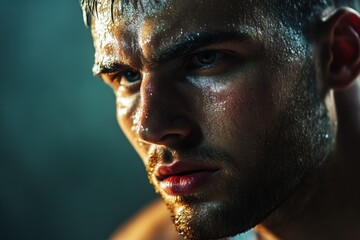 Intense close-up of a young athletic man with glistening skin, showcasing determination and focus, illuminated by dramatic lighting in a dynamic and engaging atmosphere