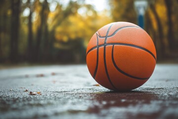 Vibrant orange basketball resting on a wet court surrounded by autumn foliage, showcasing the essence of outdoor sports and the beauty of nature in a serene environment