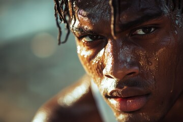 Young african american man with glistening skin and braided hair gazes intensely at the camera, showcasing determination and strength in a close-up portrait with soft background