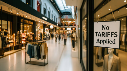 Fototapeta premium No tariffs applied signboard at retail store storefront in shopping center concept of import tariffs price impact on consumer