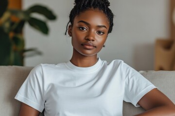 Young African American woman with natural hair is sitting on a sofa in a cozy living room, showcasing a relaxed atmosphere and inviting ambiance for lifestyle photography