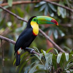 Fototapeta premium Vibrant yellow-breasted toucan with glossy black feathers and a large green bill tipped in red perched on a mossy branch in a tropical rainforest filled with lush foliage and soft sunlight beams