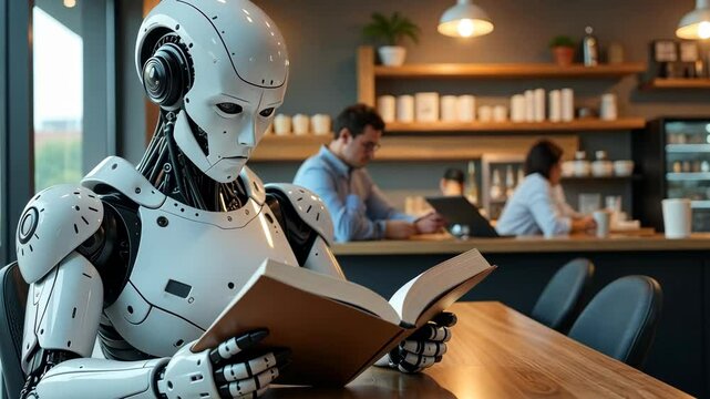 Futuristic humanoid robot reading a book at a wooden table in a cozy caf&eacute; interior with people in background, concept of AI learning