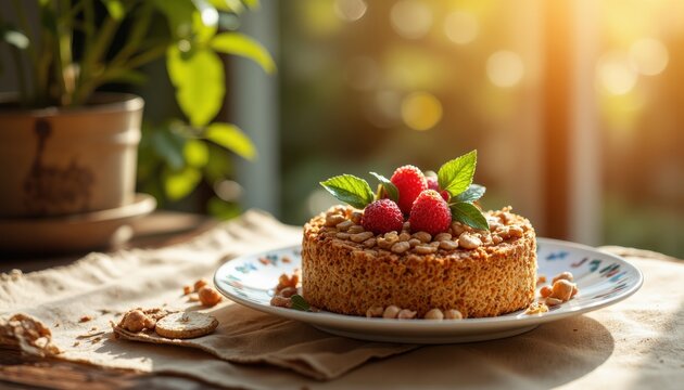 Delicious raspberry cake cozy kitchen food photography natural light close-up tempting dessert inspiration