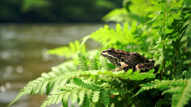Rio grande leopard frog resting on lush green ferns by a tranquil riverbank, surrounded by a serene natural landscape