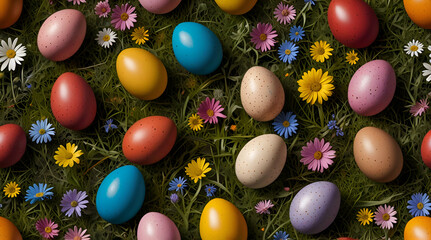 Colorful easter eggs hiding in a field of wildflowers on transparent background,generative.ai

