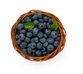 Basket with fresh blueberries isolated on white,top view
