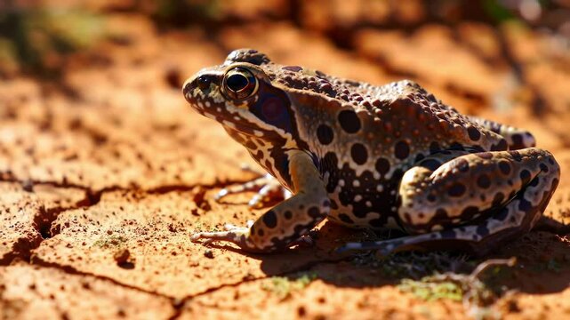 Close-up of a rio grande leopard frog resting on cracked earth, surrounded by a vibrant natural habitat
