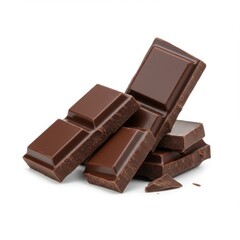 Pile of chocolate bar pieces isolated on white background