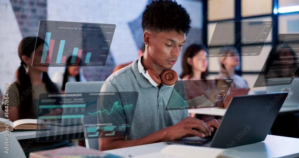 Poster Laptop, man and student in lecture with statistics overlay with studying for finance exam. Computer, hologram and male person typing with research online with charts or graphs for university test.