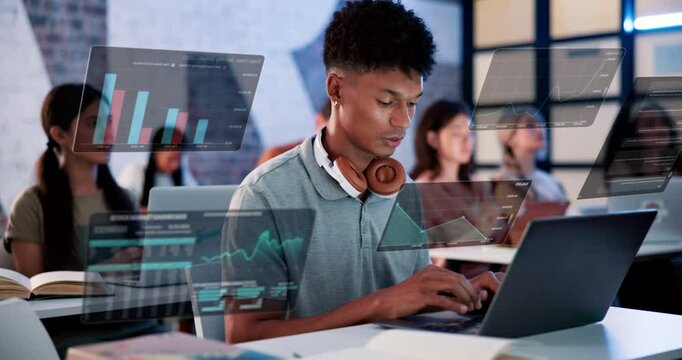 Laptop, man and student in lecture with statistics overlay with studying for finance exam. Computer, hologram and male person typing with research online with charts or graphs for university test.