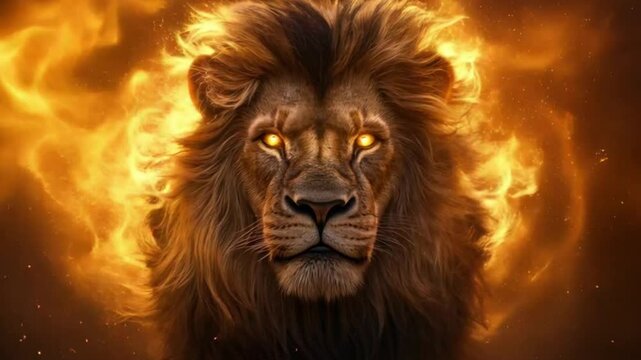 Fiery lion portrait in a fiery halo;  powerful animal, dramatic background.  Use  poster,  digital art,  branding