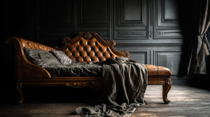 An ornately carved brown leather chaise lounge with a tufted back is draped in a grey fabric throw, set against a paneled dark wall in an elegant setting.