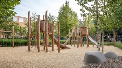 Fototapeta premium A school playground designed with natural wooden play structures, blending with the surrounding environment.
