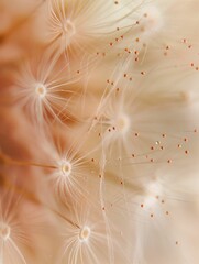 Macro of dandelion seeds with pollen in warm tones, allergy concept with copy space