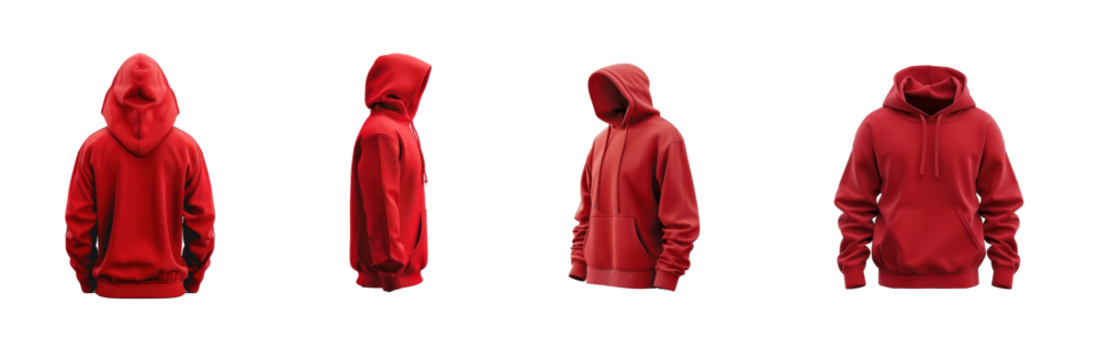 Collection of 3d red hoodie hoody sweatshirt template back view full length isolate on transparent background