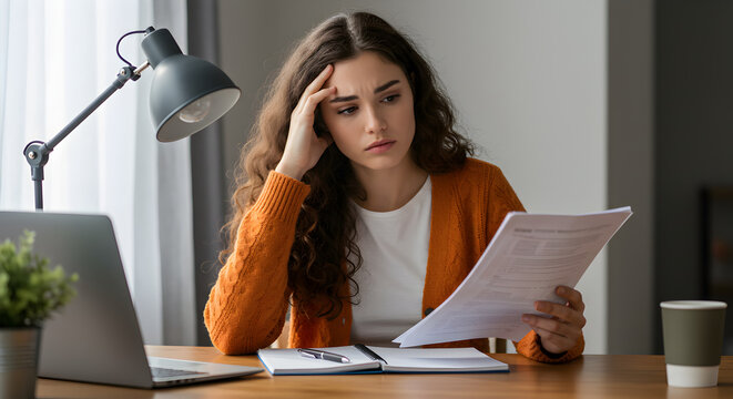 Worried Woman with Curly Hair Holding Paper Suffering Headache At Wooden Desk With Laptop In Bright Indoor Lighting