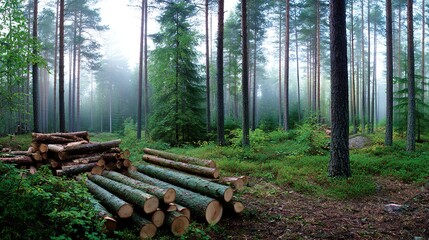 Fototapeta premium Stacked pine and spruce logs in a forest clearing, a serene woodland scene of natural harmony. 