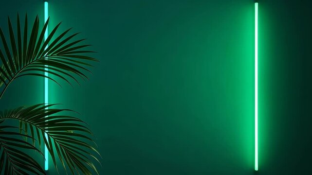 Tropical palm leaves with glowing neon light bars on a dark green background, minimal and modern style, concept of futuristic nature fusion