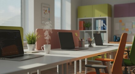 Open Office with Laptops and Coffee Cup Showing Workplace