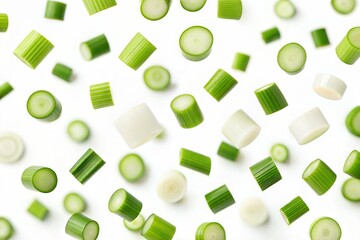 Cut green onions falling against a white background