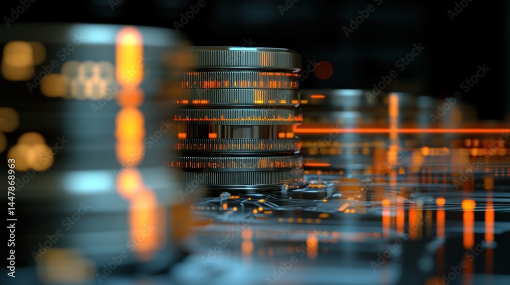 Poster digital data array: close-up shot of stacked data storage hard drives, representing technology, netw