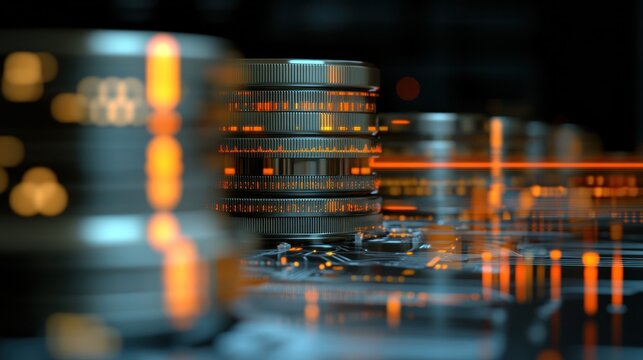 Digital Data Array: Close-up shot of stacked data storage hard drives, representing technology, networking, and information storage.