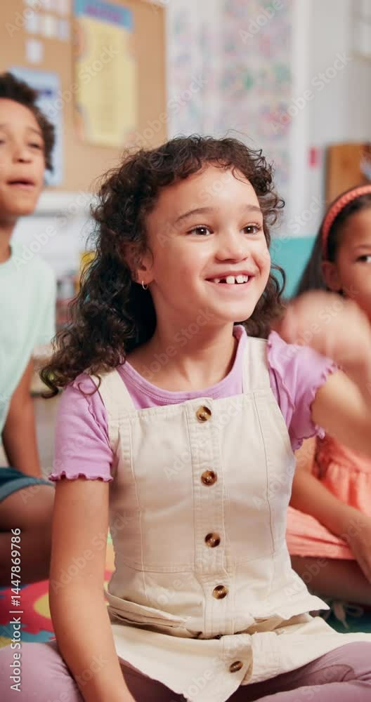 Aufkleber Happy, student and child with answer in classroom, growth and development with knowledge and learning. Elementary, group and girl with smile for education, back to school and hand up for question
