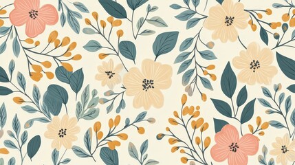 A seamless floral vector pattern with elegant hand-drawn leaves and flowers in pastel colors.