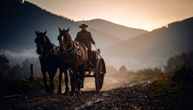 Un carruaje oscuro se acerca lentamente por un brumoso sendero de monta&ntilde;a, tirado por dos poderosos caballos negros, cuyo aliento se percibe en el aire fresco.