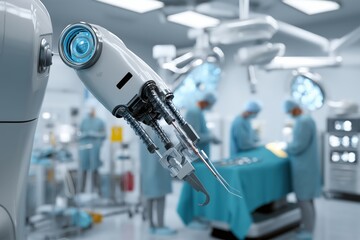 Surgical Robot Arm In Modern Operating Room With Medical Professionals