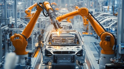 A semi-automated car factory, where human workers and robots collaborate on assembling vehicles.