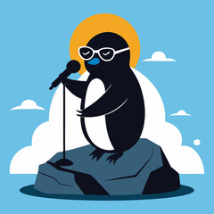 Vector art illustration of a penguin singing on the beach