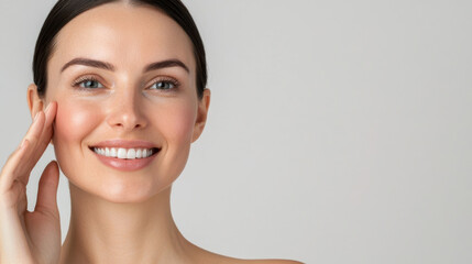 Smiling woman with clear skin touches her face, radiating confidence and beauty, Stem Cell concept