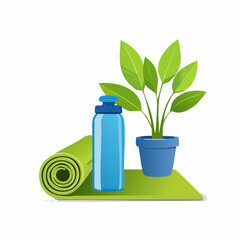  Yoga mat with plant and water bottle 