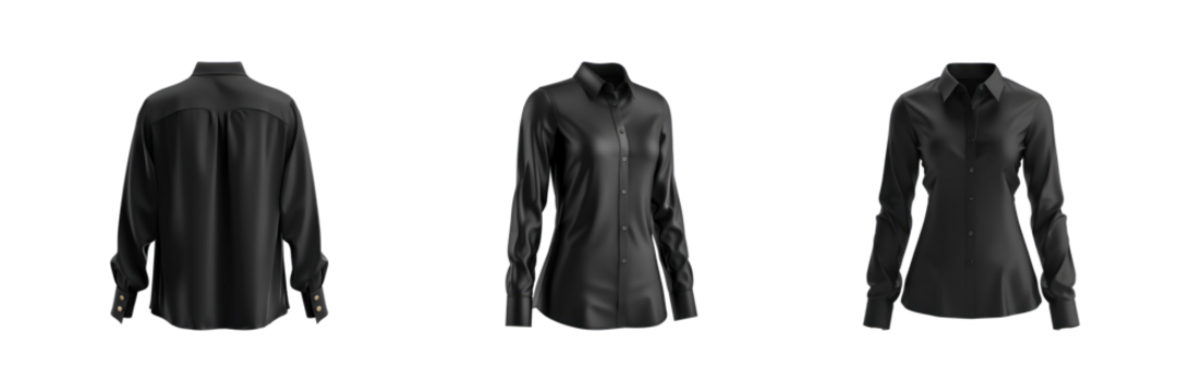 3d black long sleeve collar woman shirt back view full length isolate on transparent background - Powered by Adobe