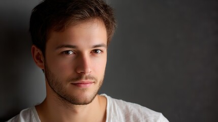 Young man in casual wear, natural side light, soft background - modern simplicity and relaxed confidence
