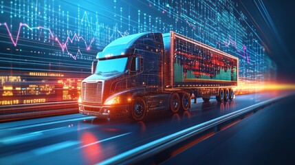 Modern Freight Truck on a Highway with Data Overlay