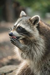 Naklejka premium A raccoon moving through its natural habitat, curious and alert. A moment capturing the wild charm and intelligence of this nocturnal animal