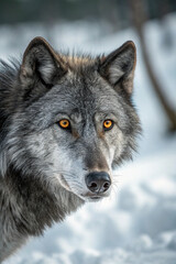 Naklejka premium A wolf standing in its natural surroundings, alert and powerful. A majestic predator and symbol of strength, unity, and the wild spirit