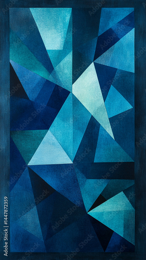 Poster Abstract art featuring textured blue triangles, creating a geometric pattern, showcasing depth and dimension, ideal for modern design projects