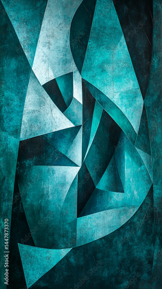 Fototapete Abstract teal geometric artwork featuring layered triangles and textured surfaces creating depth and a sense of movement, ideal for modern design concepts