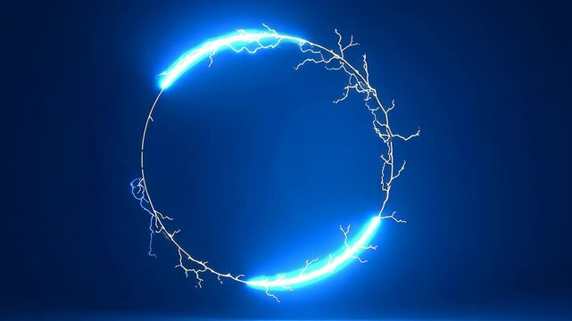 Circular glowing energy ring with electric lightning details in a digital style on a dark blue background, symbolizing power and technology