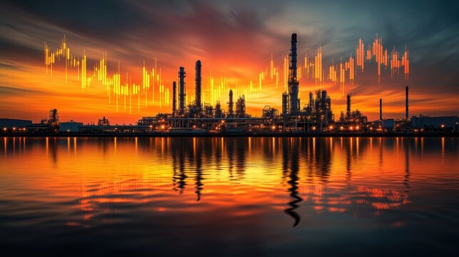 Industrial skyline at sunset with stock market chart overlay reflecting on water in an urban area