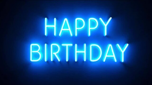 Glowing neon blue "Happy Birthday" text set against a sleek black background, vibrant, modern, and perfect for a celebratory design.
