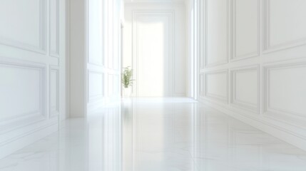 Bright empty hallway, spacious modern design with white walls and polished floors, inviting atmosphere for creativity.