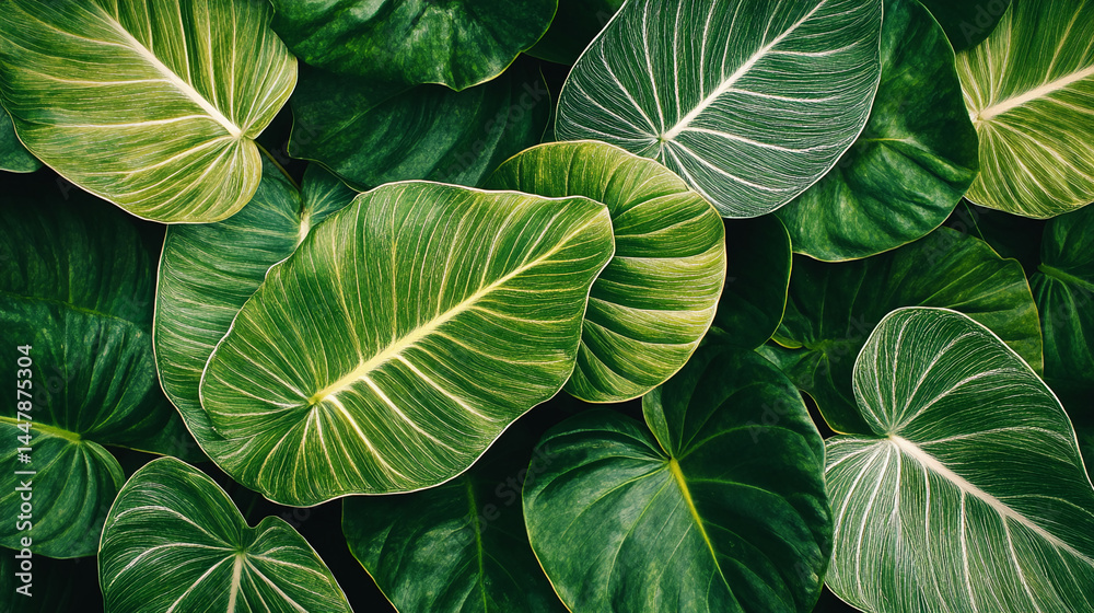 Poster close-up of lush green leaves with prominent veins, creating a textured natural pattern, showcasing 