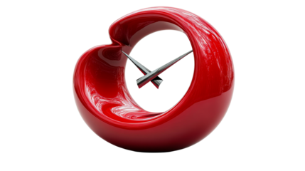 Modern red clock with steel hands. cut out transparent