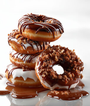 Bunch of assorted ring doughnuts, on a white background. 