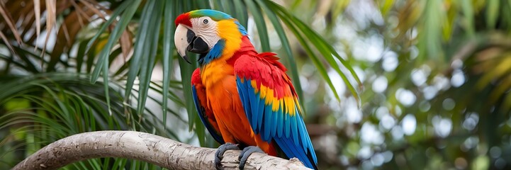 Obraz premium Brilliant scarlet macaw with radiant red yellow and blue feathers perched on a tropical tree branch spreading its vivid wings in a lush green rainforest glowing under warm dappled sunlight rays